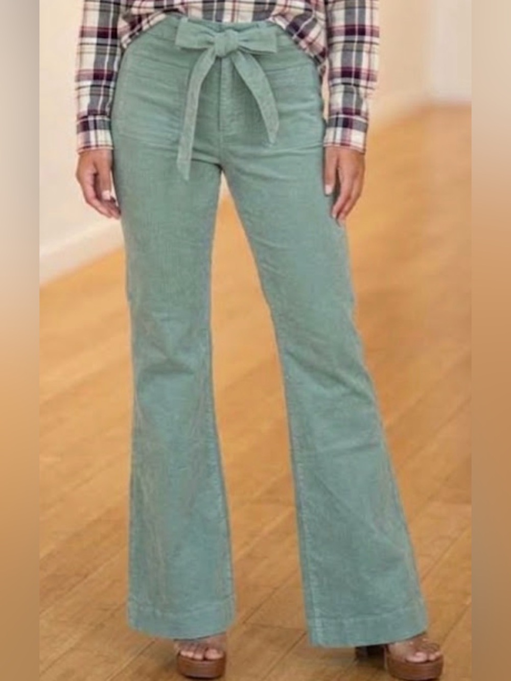 Sage Green High-Waisted Flare Pants with Tie Waist
